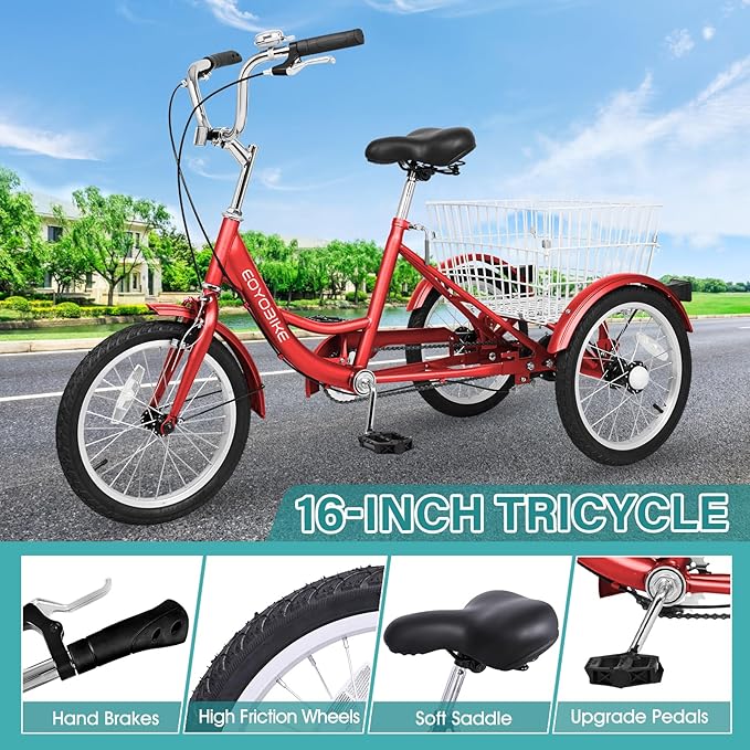 MOPHOTO 16 Inch Small Tricycle for Beginner Riders, Low Step-Through 3 Wheel Bike, Single Speed Trike with Hand Brakes, Adjustable Seat and Rear Basket, Fits Heights 3'9" to 4'9"