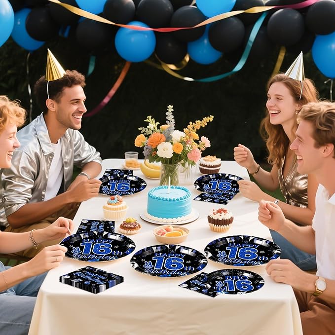 Grencian 96Pcs 16th Birthday Party Decorations for Boys Blue and Black 16th Birthday Plates Disposable Official Teen 16 Tableware for Teen Boys I’m 16 Bro 16 Years Old Party Supplies Serves 24