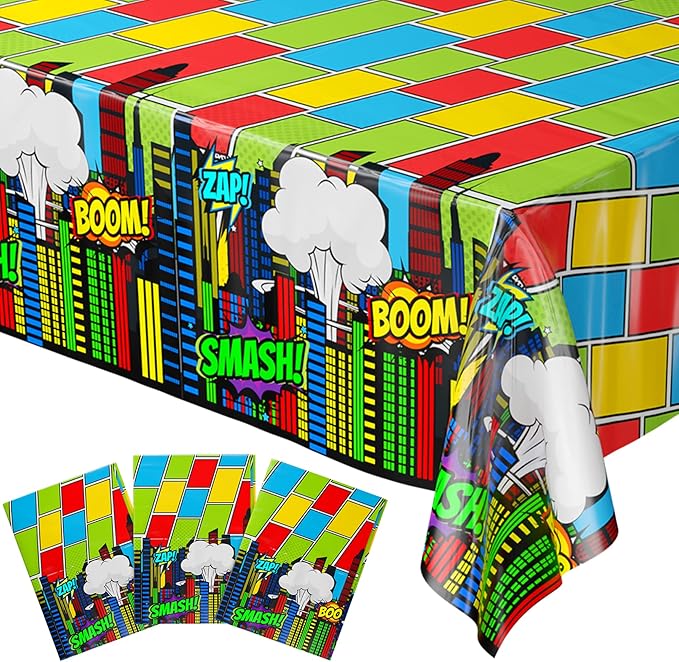 Blue Orchards Comic Superhero Table Covers (Pack of 3) 108"x54" XL - Superhero Table Cloth for Parties, Superhero Party Decoration, Plates and Napkin, Super Hero Brithday Party Supplies