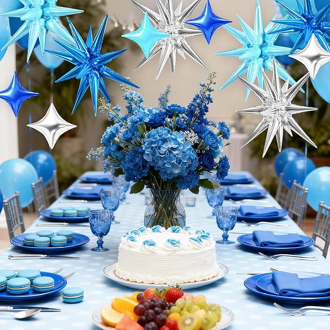 TONIFUL 18Pcs 22Inch Blue Silver Large Explosion Star Mylar Balloons and 10Inch Four Pointed Star Balloons Set for Christmas New Year Birthday Wedding Bridal Shower Anniversary Photo Booth Supplies