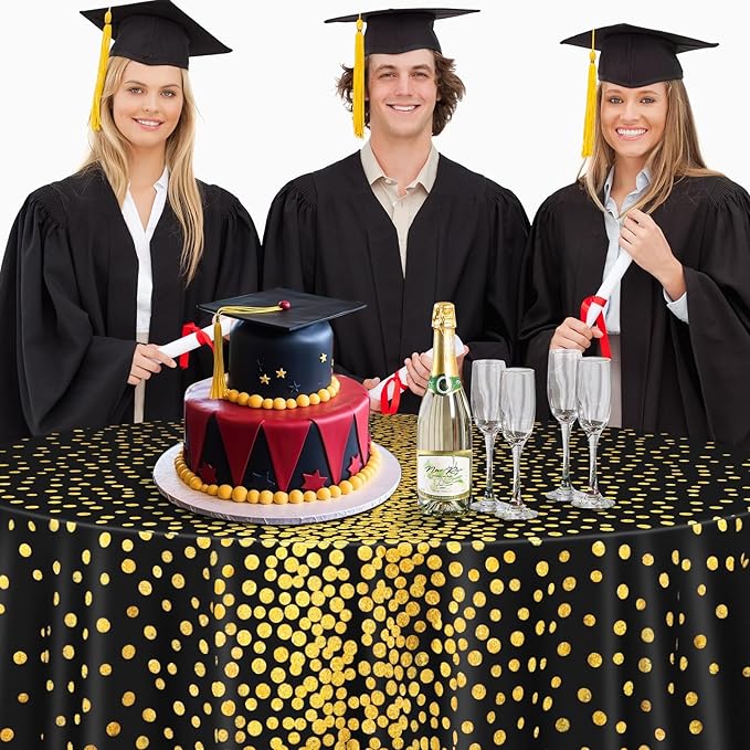 VitalCozy Round Dot Tablecloth 84 Inch Plastic Table Cover Polka Dot Confetti Tablecloths for Easter 2026 Graduation Prom Wedding Birthday Spring Party Supplies(Black and Gold,6 Pcs)