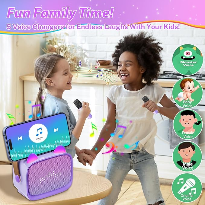 Mini Karaoke Machine for Kids Adults (2025 Upgraded), Portable Bluetooth Speaker with 2 Wireless Mics, Built-in Phone Holder and Emoji Animation, Birthday Gift for Boys Girls 3-12 Home Karaoke Party