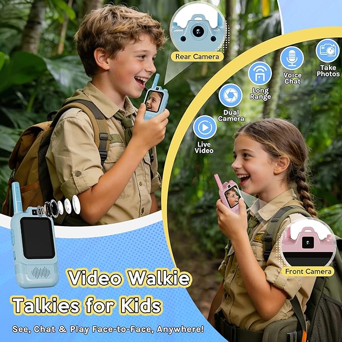 Video Walkie Talkies for Kids, Dual Camera 2-Pack Rechargeable Video Intercom,1600 Ft Range 2 Way Radios Toys|Voice Chat&Photo, Gifts for Age 3-12 Boys Girls Indoor Outdoor Games, Camping (Pink/Blue)