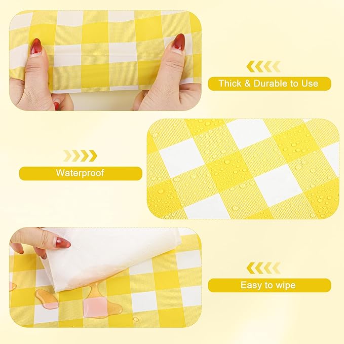 Kochorie 54 Inch x 300 Ft Light Yellow Checkered Plastic Table Cloth Roll Disposable Waterproof Table Cover Plastic Table Cover Roll with Easy Slide Cutter for Outdoor Picnic/Home Dining/Spring Party