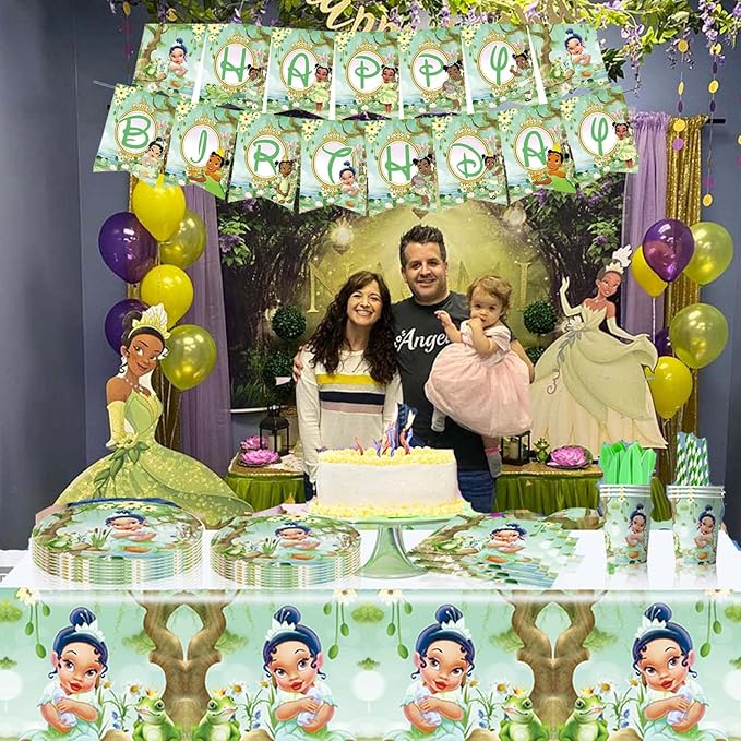 Princess Tiana Birthday Party Decorations, The Frog Tiana Party Tableware with Banner, Tablecloth, Disposable Paper Plates and Napkins for Little Princess Birthday Baby Shower Party Decorations