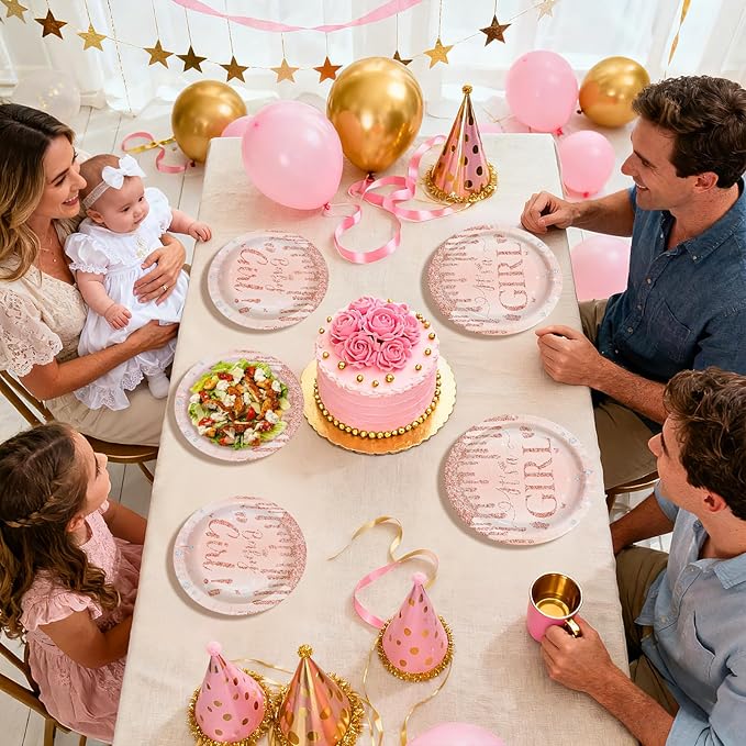 96Pcs It's a Girl Baby Shower Party Supplies Diamond Rose Gold Plates and Napkins Pink Gold Theme Disposable Paper Tableware Set for Girl Gender Reveal Baby Shower Party Decoration Serves 24