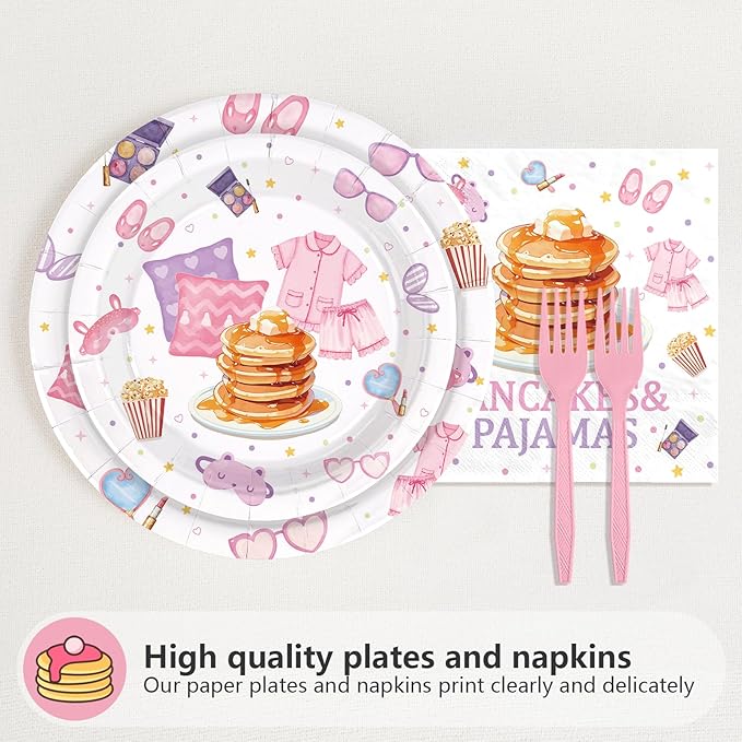 96Pcs Pancakes and Pajamas Party Supplies Pajama Brunch Plates and Napkins Girls Pink Night Sleepover Tableware Set for Girls Night Pancake Themed Slumber Party Decorations Serves 24