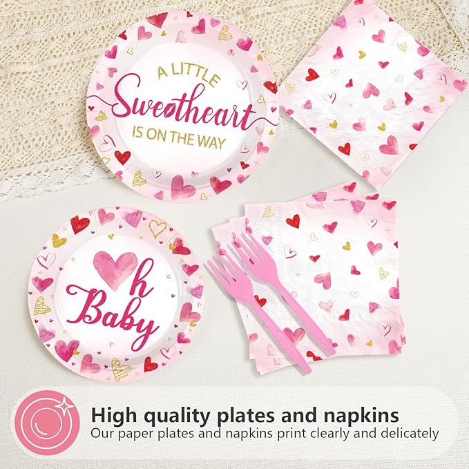 96Pcs Valentine's Day Baby Shower Party Supplies A Little Sweetheart is on The Way Party Plates and Napkins Disposable Watercolor Love Heart Tableware Set for Kids Baby Shower Decorations Serves 24