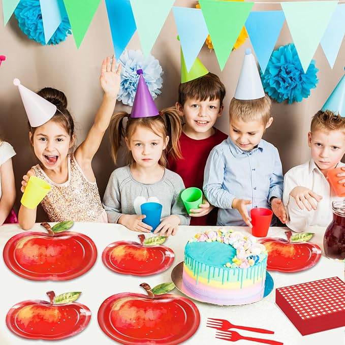 96Pcs Watercolor Apple Paper Plates Apple Birthday Party Supplies Red Gingham Napkins and Forks Fruit Themed Disposable Dinnerware for Back to School Classroom Kindergarten Home Party Serves 24
