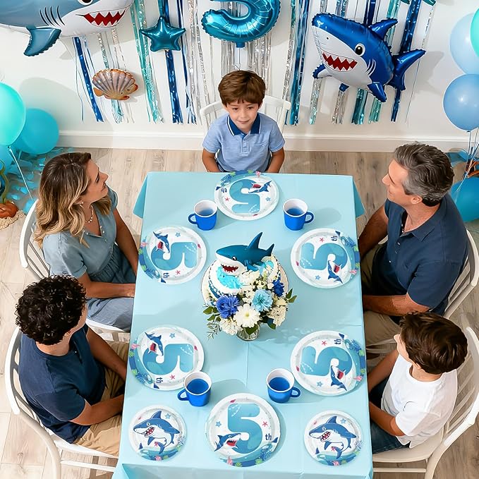 96Pcs Shark 5th Birthday Party Supplies Blue Ocean Shark Plates and Napkins Under The Sea Tableware Set for Kids 5 Years Old Blue Ocean Theme Birthday Party Supplies，Serves 24