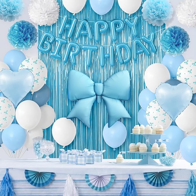 Blue Birthday Decorations, White Sand Happy Birthday Balloon Banner with Bow and Heart Foil Balloons Fringe Curtain Tissue Paper Pompoms Garland Party Supplies for Boys Men Girls Women