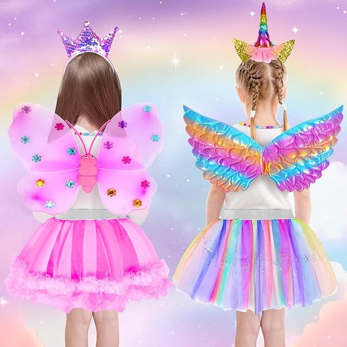 Princess Dress Up for Girls 4-6 With Tutu Shoes Jewelry Unicorn Headband Butterfly Wing Toddler Dress Up Clothes Pretend Play Fairy Costumes Set for Girls Christmas Birthday Gift 3 4 5 6 7 Girl Toys