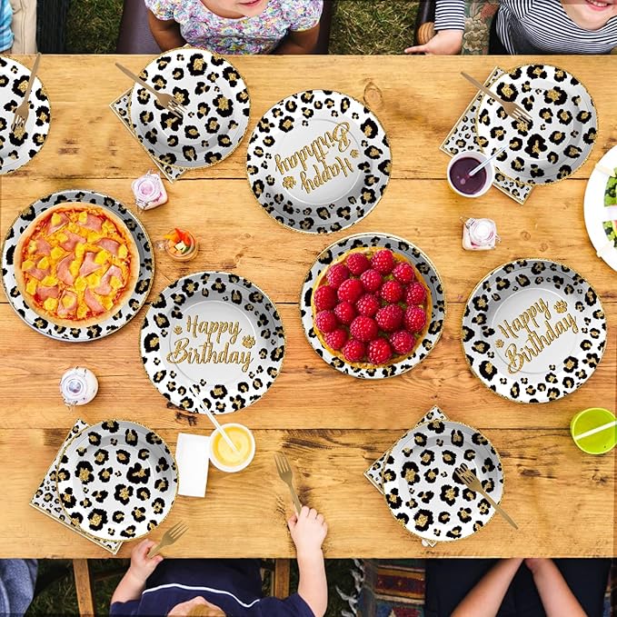Grencian 96 Pcs Cheetah Print Birthday Decorations White Leopard Plates and Napkins Leopard Print Party Supplies Safari Themed Paper Plates for Jungle Safari Cheetah Theme Party Baby Shower Serves 24