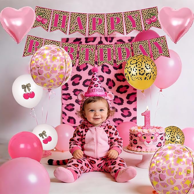 Pink Cheetah Print Birthday Decorations Leopard Foil Cherry Print Balloons Happy Birthday Banner with Heart Balloons for Women Baby Shower Safari Wild Birthday Theme Party Supplies