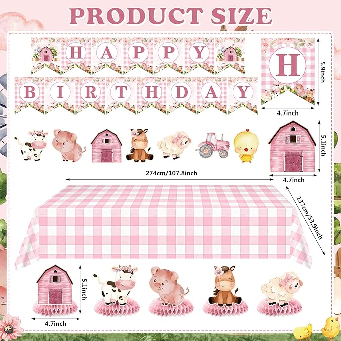 Pink Farm Animals Birthday Party Decorations for Girls Barnyard Baby Shower Supplies Set Includes Happy Birthday Banner Garland Tablecloth Honeycomb Centerpieces Watercolor Cow Pig Sheep Decor