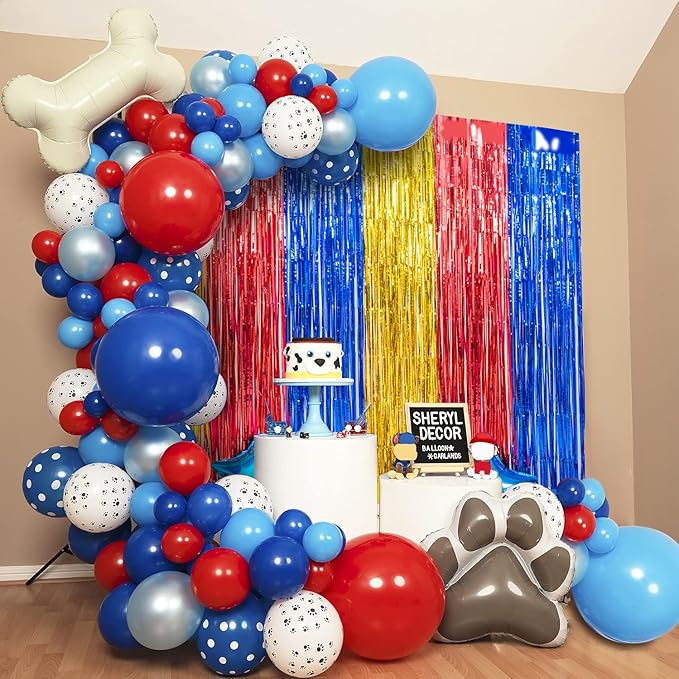 Paw Birthday Decorations, including 2Pack Gold Red Blue Tinsel Foil Fringe Curtains 3.3 x 6.6ft, 1Pack Dog Patrol Themed Birthday Banner & 22pcs Balloons for Paw Birthday Party Photo Props Backdrop
