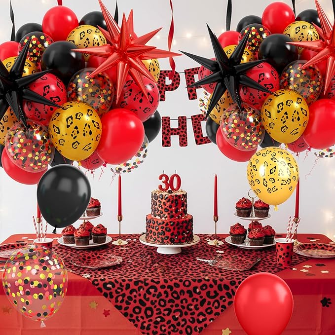 Cheetah Print Balloon, 12 Inch Black Red Gold Balloons with Leopard Print Balloons Confetti Star Foil Balloon Leopard Jungle Animal Decorations for Cheetah Theme Birthday Cherry Vintage Party Supplies