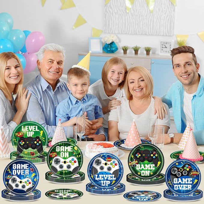 60PCS Video Game Birthday Party Plates Blue Green Gamer Disposable Paper Dessert Plates for Video Gaming Birthday Decorations Gaming Party Tableware Set for Boys Kids Game on Theme Parties Supplies