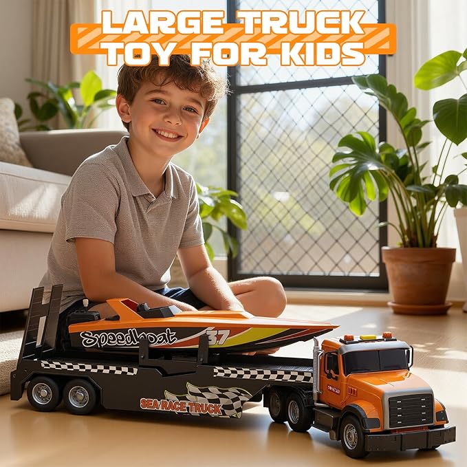 Kids Toys for 3 4 5 6 Years,21" Semi Transport Truck Toy with Speedboat Vehicle Cars, Friction Powered Extra Large Truck Vehicle with Lights & Sounds for Boys Girls Toddlers Christmas Birthday Gifts