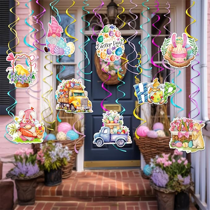 Hanging Easter Decorations Swirls 24pcs, Easter Egg Bunny Ceiling Hanging Party Streamers, Foil Easter Party Decor Supplies for Home Office School, Dangling Spinners Easter Party Ceiling Decor