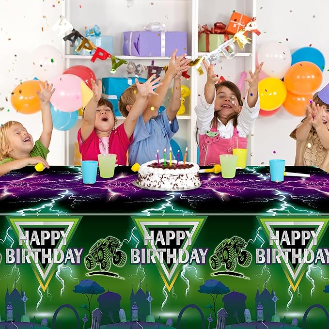 Green and Purple Monster Truck Tablecloths - Monster Truck Happy Birthday Disposable Rectangle Table Cover for Baby Shower Kids Birthday Party Dinner Table Decoration 108×54 inches (3)