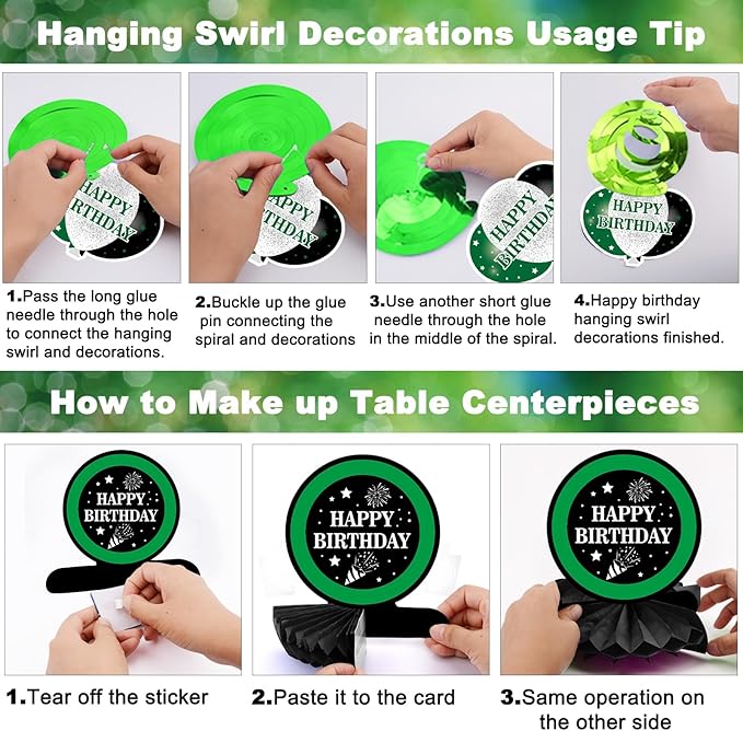 Green and Black Birthday Decorations, Green Party Decorations for Men Boys Women Girls with Balloons Arch Garland Kit Happy Birthday Banner Tablecloth Backdrop Decorations Bady Party Supplies
