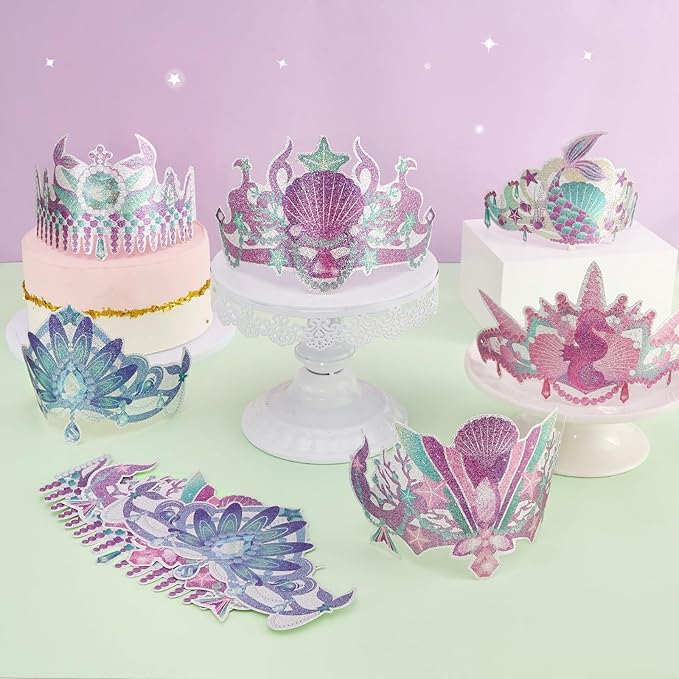 WERNNSAI Mermaid Party Crowns - 12 PCS Mermaid Birthday Party Decoration Glitter Paper Princess Crowns Mermaid Party Hats for Under The Sea Party Favor Supplies