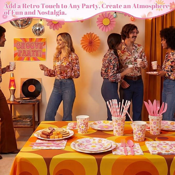 450 Pcs Daisy Groovy Tableware Set Decorations Boho Daisy Flower Paper Plates Napkins Cups Cutlery Straws for Boho Hippie Retro Birthday Baby Bridal Shower Wedding Tea Party, Serves 50