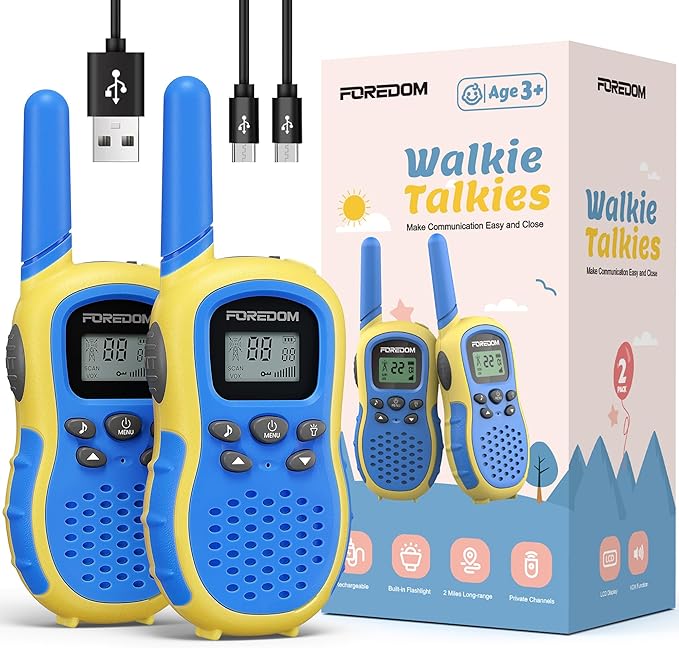 FOREDOM Rechargeable Walkie Talkies for Kids Walkie Talkies Long Range for Boy & Girl Age 3 to 12 Year Old Birthday Toys with Flashlight, 2 Pack