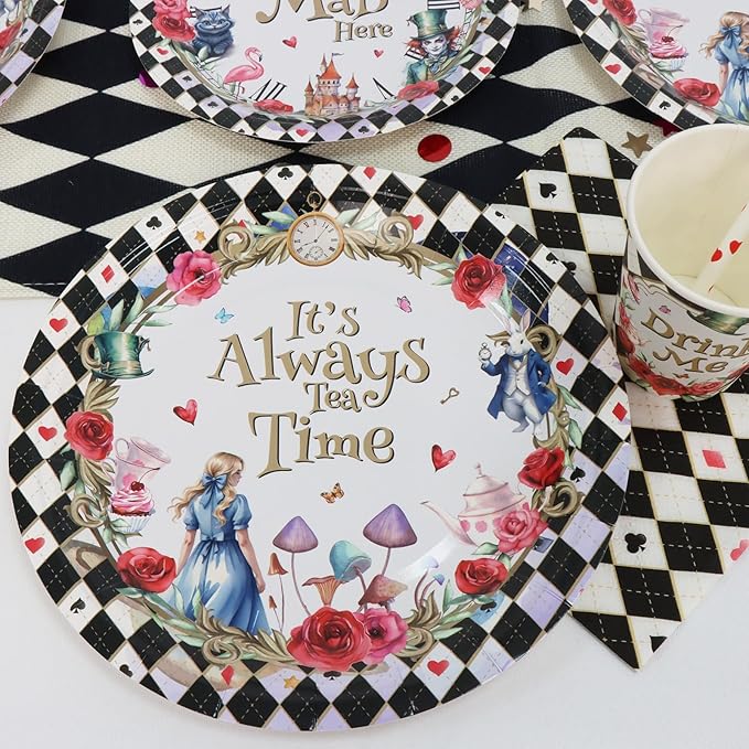 Alice in Wonderland Birthday Party Decorations, 120Pcs Tea Themed Party Supplies Tableware Includes Paper Plates, Napkins, Cups and Straws, Serves 24