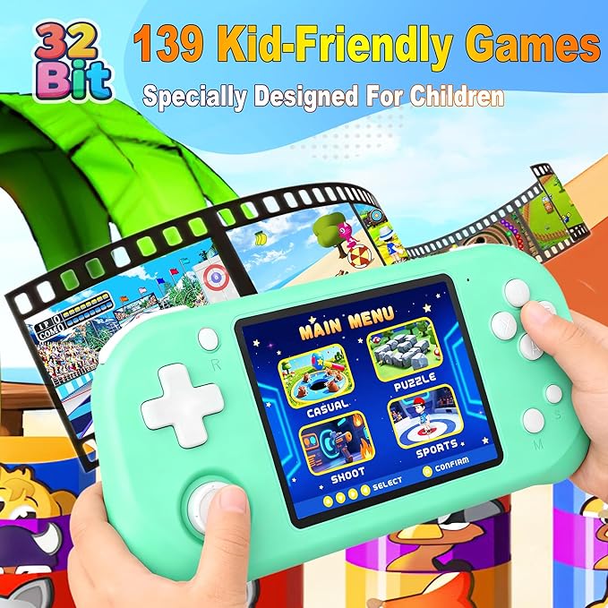 Handheld Game for Kids with 3.5'' IPS Screen 139 Preloaded 32 Bit Electronic Video Games, Portable Rechargeable Gaming Player Toy for Boys Girls Seniors Gift (Parrot Green)