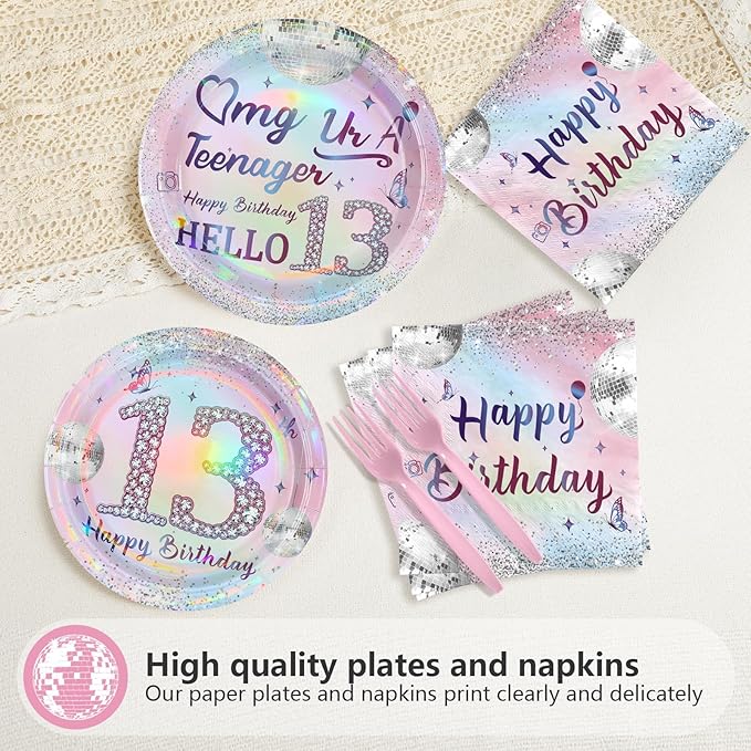 96Pcs 13th Birthday Party Decorations for Girls Teenager Plates and Napkins Iridescence Silver Pink 13th Tableware for Teenager Girls Thirteen Birthday Party Decorations Serve 24