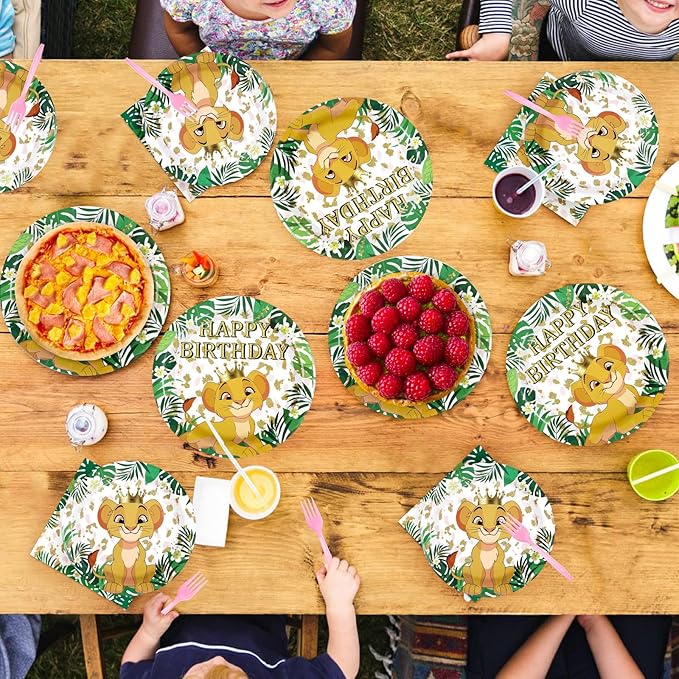 96Pcs Lion Baby Shower Party Decorations Jungle Safari Lion Plates and Napkins Tableware Sets Zoo Animal Party Decorations Favors for Boys Kids Wild One Birthday Supplies Serves 24