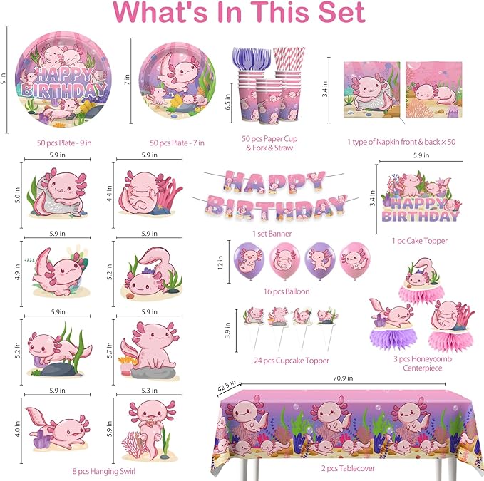 Axolotl Birthday Decorations Pink Axolotl Party Decorations Cake Cupcake Topper Balloons Banner Plates and Napkins Serve 50, Table Cloth Axolotl Party Supplies for Girls Cartoon Fun Animal Party