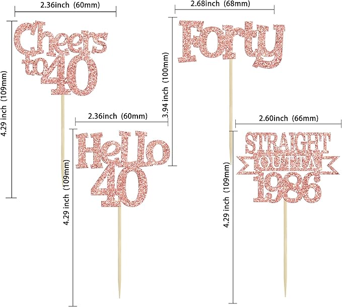 Ephlyn 24Pcs Happy 40th Birthday Cupcake Toppers Glitter Forty Cupcake Picks Hello 40 Cheers to 40 Years Birthday Cake Decorations for 40th Birthday Anniversary Party Supplies Rose Gold