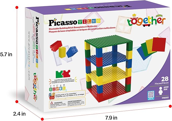 PicassoTiles Building Blocks Classic Brick 28PC Stackable Platform Foundation Base Plate Multi Color Set for Build Block Bricks Compatible with All Major Brands STEM Construction Kit Kids Age 3+ PBS03