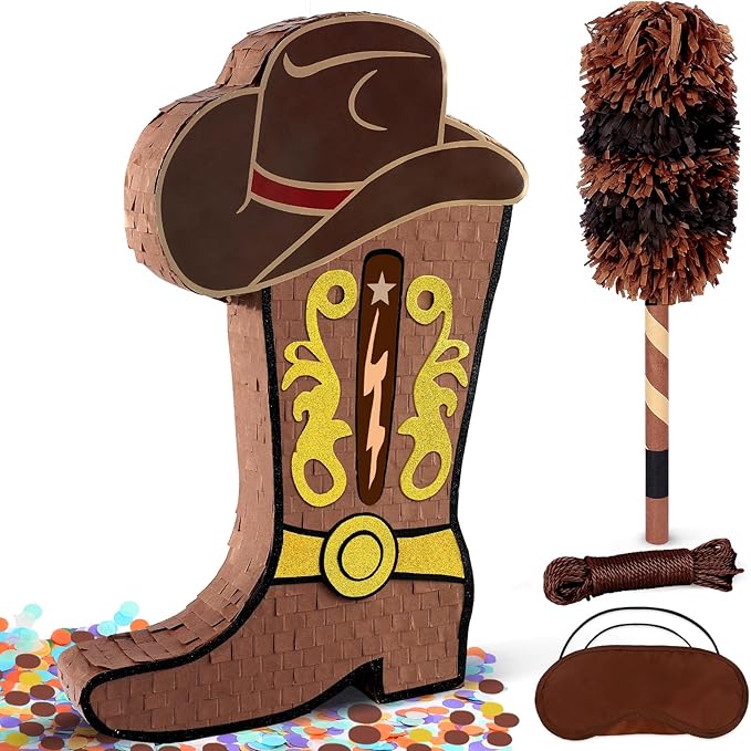 Cowboy Boot Pinata for Western Theme Party Decorations - Large Brown Cowgirl Birthday Pinata with Stick & Blindfold - Wild West Party Supplies, Gender Reveal, Bachelorette, Nashville Last Disco Decor