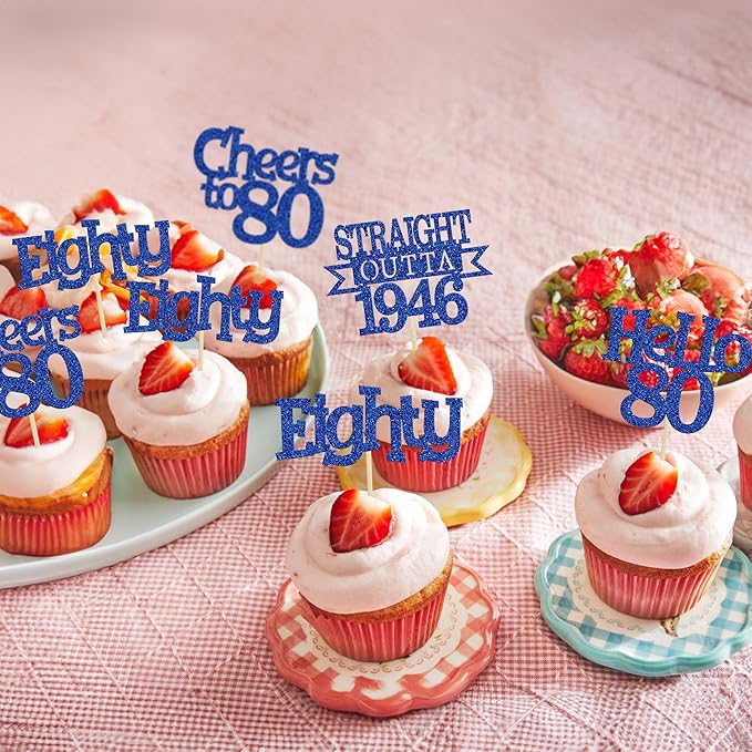 Ephlyn 24Pcs Happy 80th Birthday Cupcake Toppers Glitter Straight Outta 1946 Cupcake Picks Hello 80 Cheers to 80 Years Birthday Cake Decorations for 80th Birthday Anniversary Party Supplies Blue