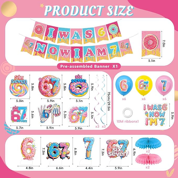 6 7 Birthday Party Decoration Set Funny 6 7 Meme Donut Theme Decor with Hanging Swirls Honeycomb Centerpieces I Was 6 Now I'm 7 Banner Cake Topper Blue and Pink Six Seven Party Supplies