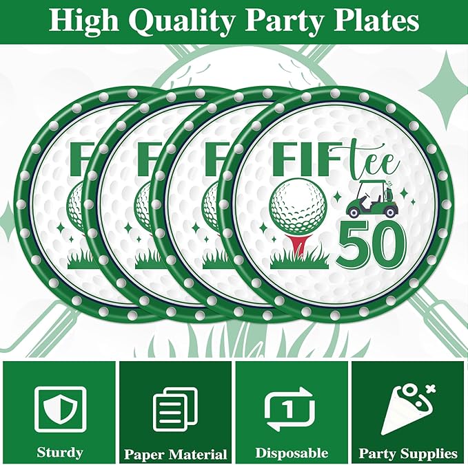 Rakuto Golf 50th Birthday Decorations - 50 Pcs Fiftee Golf Themed Party Plates and Napkins Set Supplies, Disposable Tableware Decorations for Men Women Sports Birthday Party Serves 25 Guests