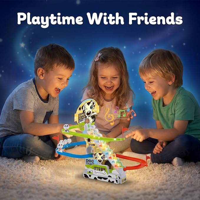 Dalmatian Racer Climbing Stairs Slide Toy - Spotty Dog Race Track Puppy Chasing Roller Coaster Game Set with LED Lights and Music for Toddlers, Kids