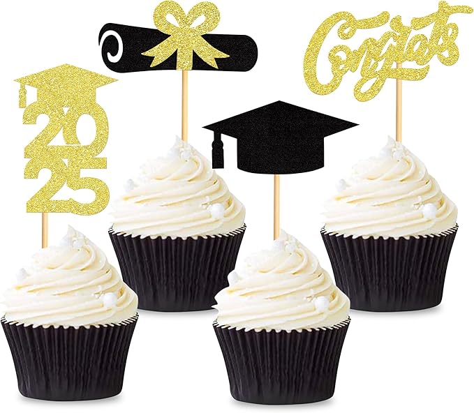 24Pcs 2025 Grad Cap Graduation Cupcake Toppers,Congrats Graduate Graduate Cap Food/Appetizer Picks For Graduation Party Mini Cake Decorations Black Gold Glitter