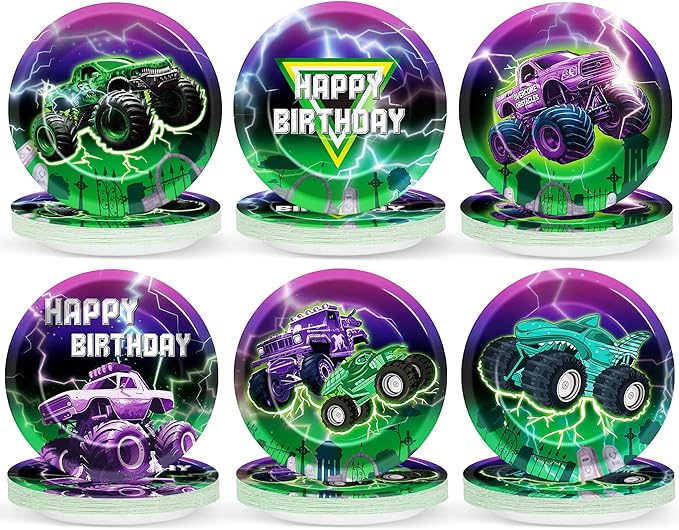 60Pcs Green Purple Monster Truck Party Paper Plates for Monster Truck Birthday Party 9in Racing Car Theme Disposable Tableware Dinnerware Set for Kids Boys Monster Truck Birthday Party Supplies
