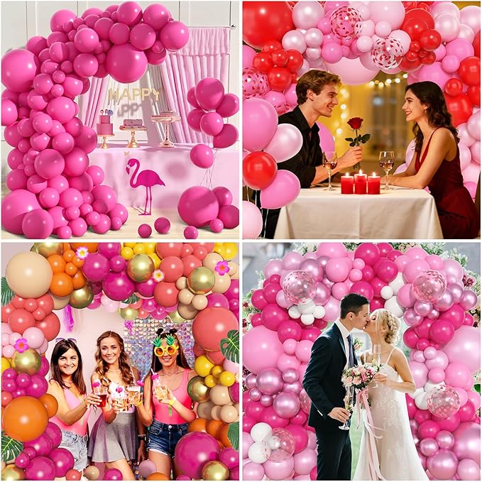 Amandir 153 Pcs Pink Balloon Arch Garland Kit, Different Sizes 18 12 10 5 inch Latex Metallic Confetti Hot Pink Balloons for Valentines Day Baby Shower Birthday Princess Wedding Party Decorations