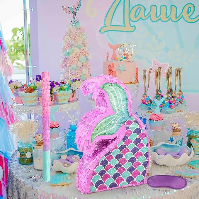 Hooqict Mermaid Tail Pinata with Pinata Stick & Blindfold for Girls Mermaid Party Games Decorations Under the Sea Ocean Themed Birthday Party Supplies