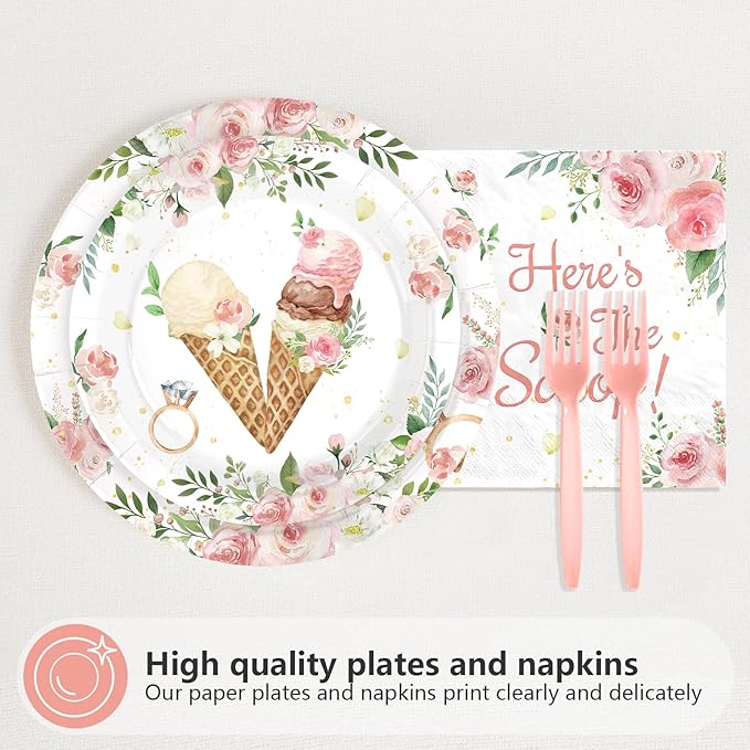 96 Pcs Ice Cream Bridal Shower Decorations Disposable She's Been Scooped Up Paper Plates and Napkins Pink Floral Tableware Set for Women Bridal Shower Wedding Engagement Bachelorette Party Supplies