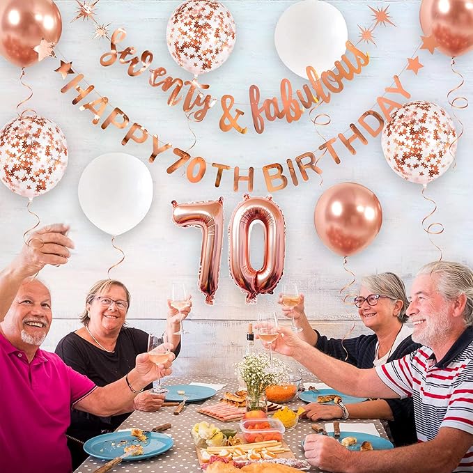 Rose Gold Seventy & Fabulous Happy 70th Birthday Banner Garland Foil Balloon 70 for Womens 70th Birthday Decorations Hanging 70 and Fabulous Cheers to 70 Years Old Birthday Party Supplies Backdrop