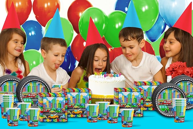 Cars and Trucks Birthday Party Supplies - Car Birthday Supplies for Boys - Little Cars Birthday Supplies for Toddlers | Tableware Set Includes Plates, Napkins and Cups | Kit for 16