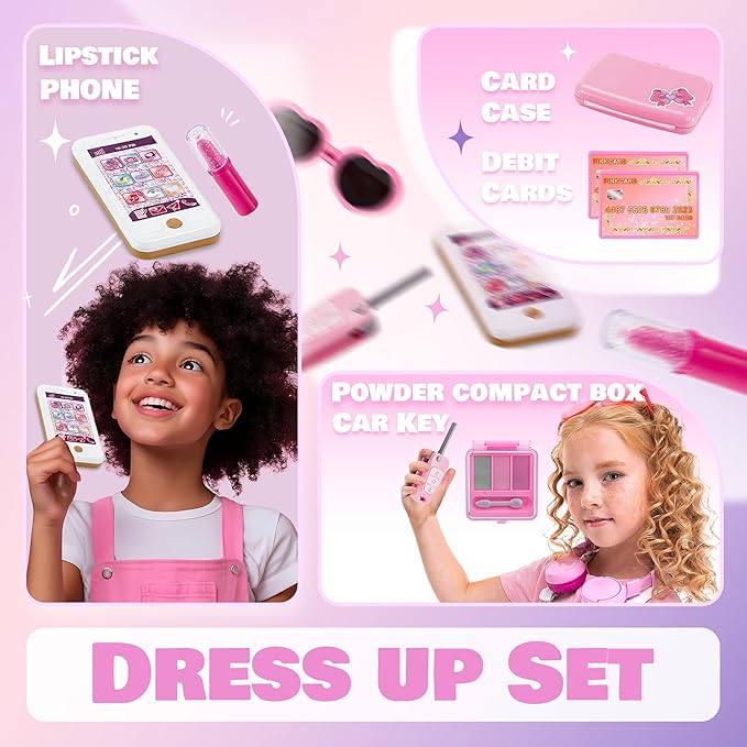 Toy Choi's Little Girls' Princess Pretend Play Set - Pink Backpack with Makeup Kit, Play Phone & Camera, Fashion Play Purse for Little Girls Ages 3-6 Years