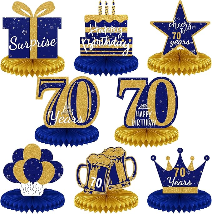 Spakon 8 Pieces Blue Gold 70th Birthday Table Decorations 70th Birthday Honeycomb Centerpieces Glitter Table Toppers Blue and Gold Party Decorations for Men and Women Party Supplies